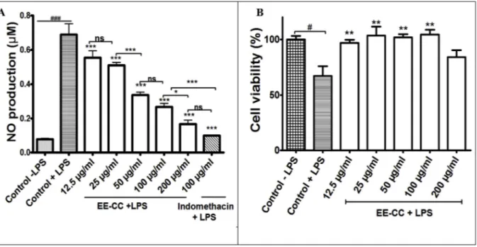 Fig. 4. A. E ﬀ ect of ethanol extract from leaves of C. cyrtophyllum (EE-CC) on NO production.