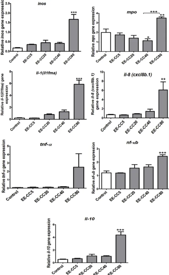 Fig. 6. cTranscription of genes related to cytokines, inos, mpo in zebra ﬁ sh after exposure to various concentrations of EE-CC for 24 h