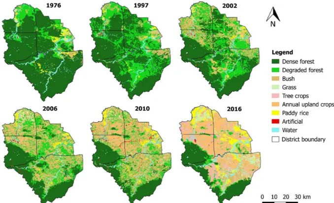 Fig. 3. LUCC classification and changing patterns over the last four decades.