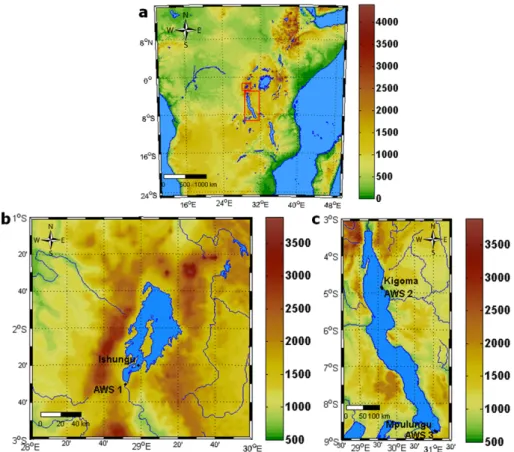 Fig. 1. (a) overview of East Africa with rectangles around Lake Kivu (upper) and Lake Tanganyika (lower), (b) Lake Kivu, (c) Lake Tanganyika