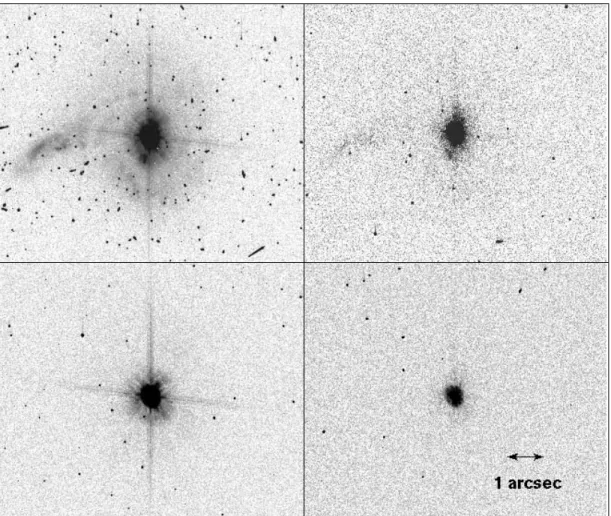 Fig. 1.—Flat-fielded observations of HE 03545500 and a PSF star with HST ACS. Top left: QSO long exposure