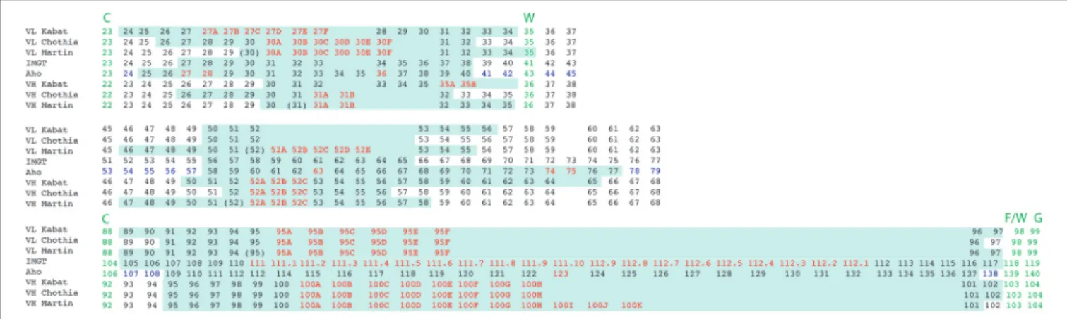 FIGURE 6 | Alignment of residue positions of the CDRs within the light and heavy chain variable domains showing the disparity in the CDR definition according to the different numbering schemes