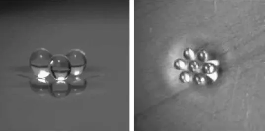 Fig. 6. Rafts of a set of droplets. (Left) Three droplets bounce synchronously. (Right) Seven droplets form a regular crystal network.