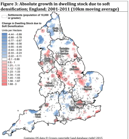 Figure 3: Absolute growth in dwelling stock due to soft  densification; England; 2001-2011 (10km moving average) 