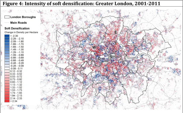 Figure 5: Intensity of soft densification: Greater London, 2001-2011 (2km  moving average) 
