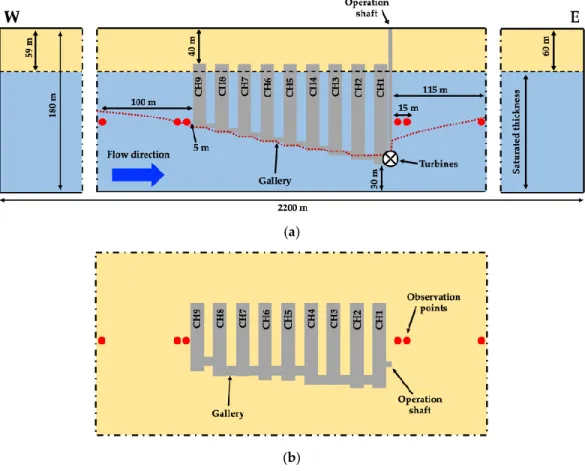 Figure 2. Schematic cross section (a) and plan view (b) of the study site. In (a), the black dashed line  indicates the natural position of the piezometric head that agrees with the initial conditions of scenario  F-CI and the red dotted line shows the ini