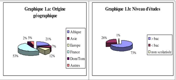 Graphique 1.a: Origine  géographique 21% 7% 12%53%2% 5% AfriqueAsieEuropeFrance Dom/Tom Autres