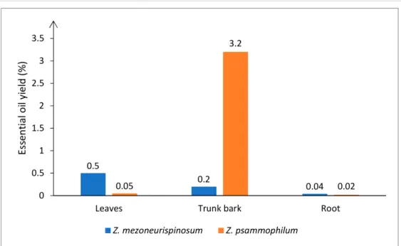 Figure 2. Essential oil hydrodistillation yields (%) from Z. psammophilum and Z. mezoneurispinosum organs