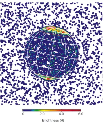 Figure 1 Chandra X-ray Observatory image of Jupiter on 18 December 2000. False colour brightnesses are indicated in rayleighs (R)