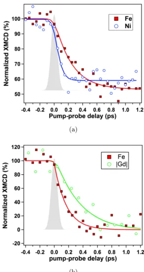 Fig. 3. Element-speci¯c demagnetization dynamics of the constituent magnetic moments in FeNi and GdFe alloys measured by time-resolved XMCD with fs time-resolution