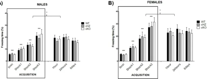 Fig 4. Contextual fear conditioning memory: CFC. The bar plots represent the percentage of freezing (Mean and SEM) during each trial, for the groups WT (Grik4 Cre+/+, SV2A lox/lox), cHZ (Grik4 Cre+/-, SV2A lox/+), and cKO (Grik4 Cre+/-, SV2A lox/lox)