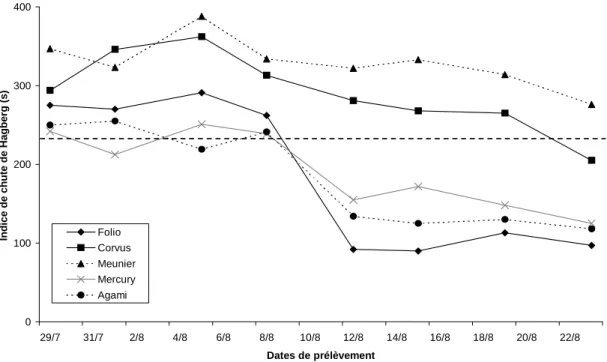 Figure 1 : Evolution de l'indice de chute de Hagberg en fonction de la date de prélèvement 