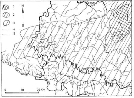 Fig.  6.  - Carte des niveaux d'érosion tertiaire de l'Ardenne d'après  G.  Bae- Bae-ckeroot  (thèse  1942-p
