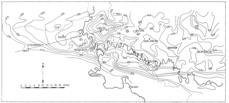 Fig 8.  - Carte des  sommets de  l'Ardenne du S.  W.,  dessinée  au  1/100.000 par  P