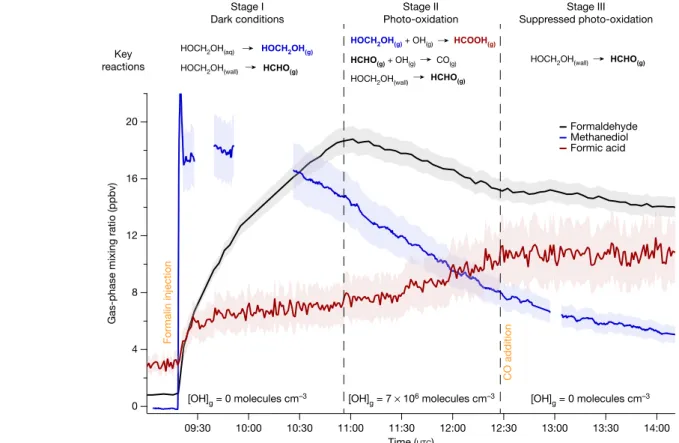 Fig. 3 | Multiphase production of formic acid in the SAPHIR chamber. The  formaldehyde (HCHO) mixing ratio was measured (in parts per billion by  volume, ppbv) by differential optical absorption spectroscopy (black),  whereas the sum of HCHO and methanedio