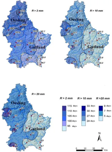 Fig. 2    Average number of rainy days &gt; 2mm, &gt; 10 mm and &gt; 20 mm in the Grand-Duchy of Luxembourg (1971-2000)