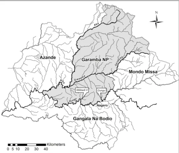 Fig 1. Map of Garamba National Park (DRC). The two study sites, Dungu and Wilibadi II hippo schools, are located in the southern area.