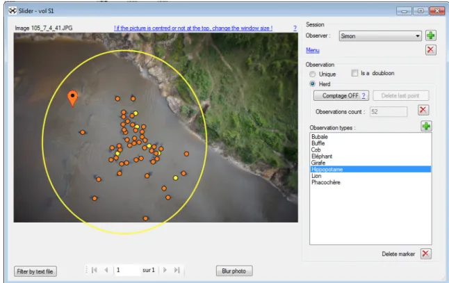 Fig 3. Interface of WiMUAS used to review the photos and detect animals. Orange points mark definite observations and yellow points possible identification