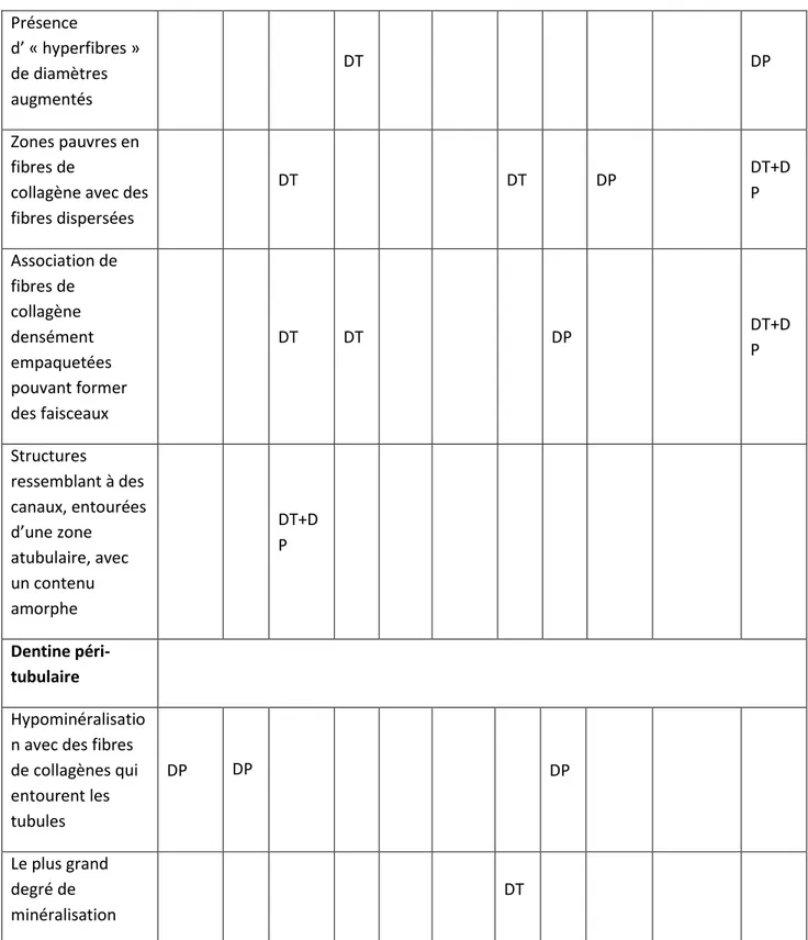 Tableau 7 : Récapitulatif des caractéristiques de la dentine circumpulpaire retrouvées dans différentes  pathologies dentinaires 