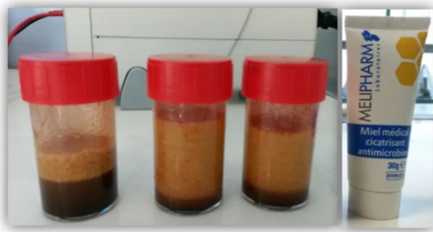 Figure 3: Produits testés, de gauche à droite: Formule 1 (F1), formule 2 (F2),  formule 3 (F3), Miel de référence 