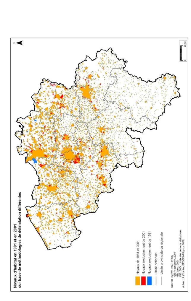 Figure I. 2 : Noyaux d’habitat en 1981 et en 2001 sur base de méthodologies de délimitation différentes 