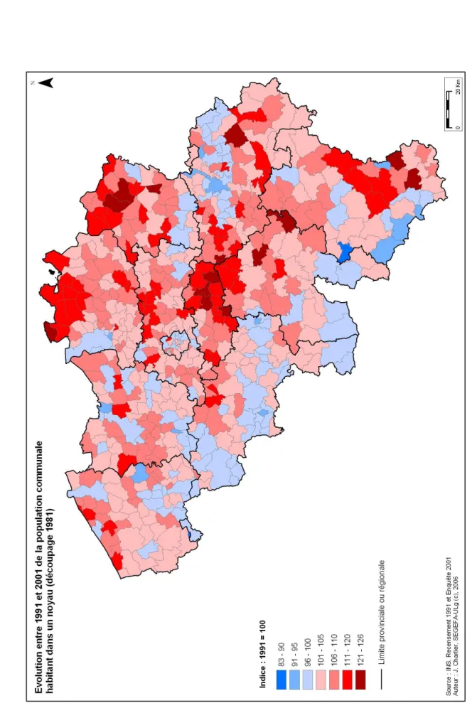 Figure I. 14 : Evolution entre 1991 et 2001 de la population communale habitant dans un noyau (découpage 1981) 