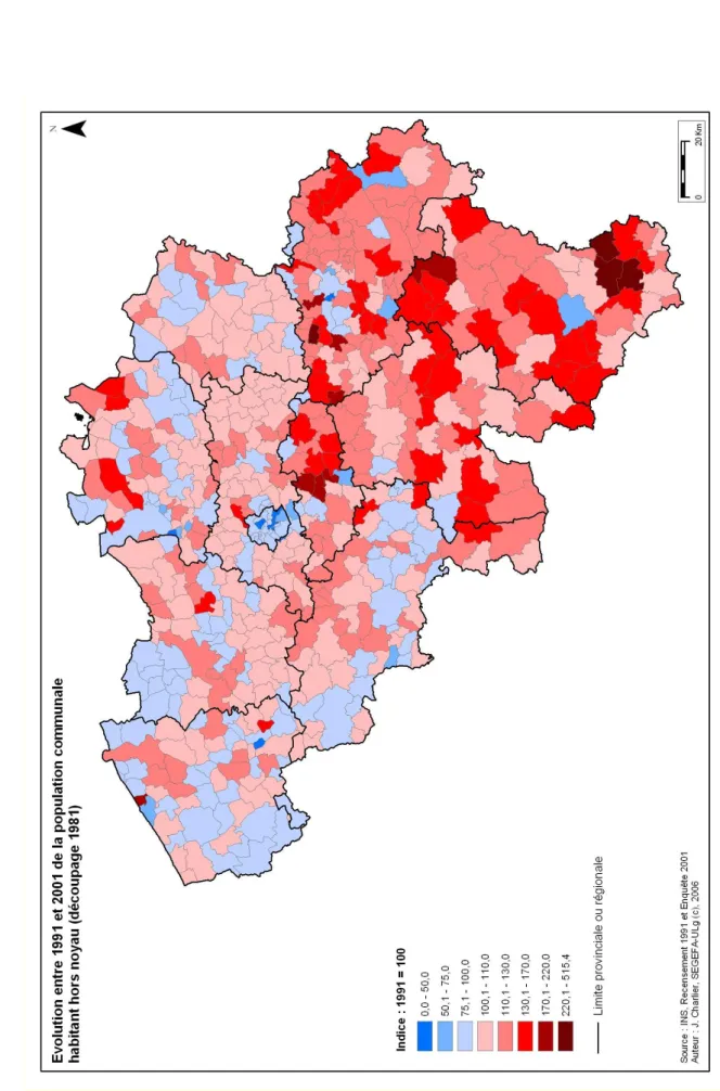 Figure I. 15 : Evolution entre 1991 et 2001 de la population communale habitant hors noyau (découpage 1981) 