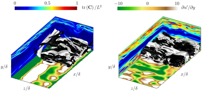 FIG. 2. Visualization of flow structures in three-dimensional flows. Contours of polymer elongation tr (C) /L 2 in vertical planes, contours of streamwise shear fluctuations in a near-wall horizontal plane, and turbulent structures identified by large posi