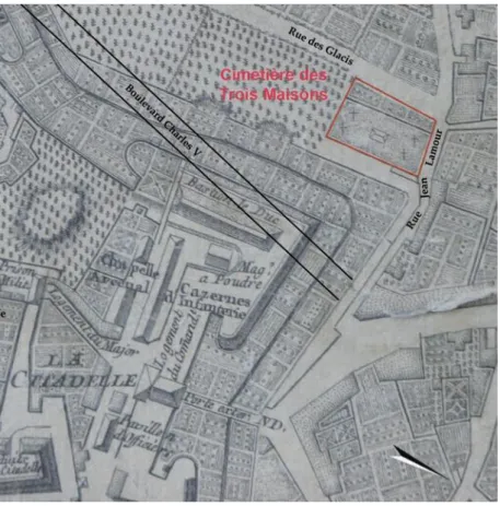 Figure 2 : plan des villes, Citadelles et Faubourgs de Nancy, Moithey 1778 ; archives municipales de Nancy en  rouge zone fouillée en 2010 
