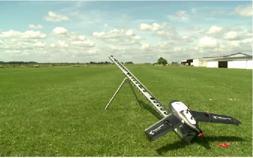 Figure 6: The small unmanned aerial system (UAS) Gatewing X100 on its launcher, ready for take-off.