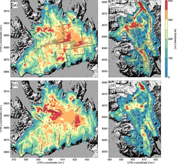 Figure 4. First-step ice-thickness map for VIC (a, c), THPB and WSB (b, d) accounting for thickness measurements