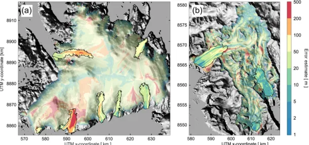 Figure 9. Error-estimate map as in Fig. 6 for VIC (a) and THPB (b). Partially transparent areas in the thickness maps (unsaturated colours) stem from the first-step reconstruction, for which ice thickness is inferred from the ice-flux solution