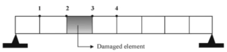 Figure 1. Simulated beam with measurement points and localization of damage.