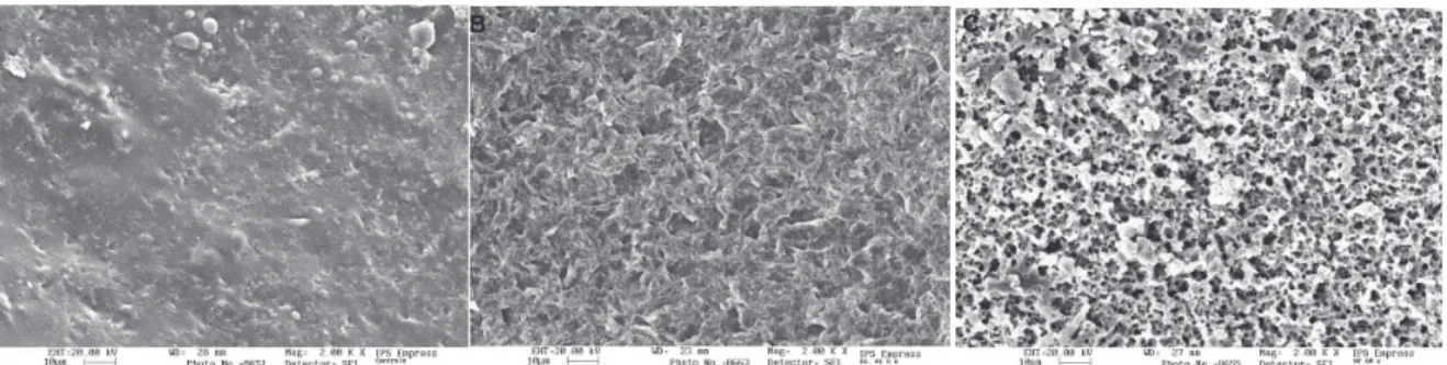 Figure 5 : Vues MEB (x2000) de surfaces IPS Empress (céramiques à matrice vitreuse renforcées à la  leucite) : 1) sans traitement (échantillon de contrôle) 2) sablage à l'oxyde d'alumine 50 µm pendant 5  secondes 3) traitement à l'acide fluorhydrique penda
