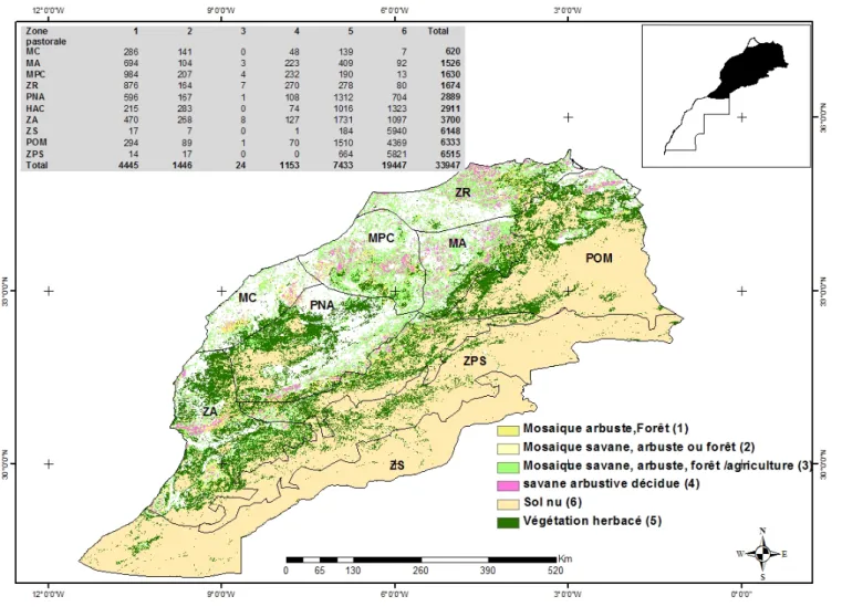 Figure 1.1: Occupation du sol des terres de parcours par zone pastorale (en 1000  ha) dans la zone aride du Maroc