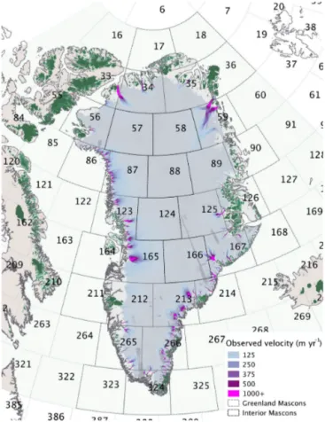 Figure 1. Greenland Ice Sheet (gray) with an overlay of observed surface velocities (Rignot and Mouginot, 2012), peripheral  tun-dra (beige), and peripheral permanent ice (green) (Gardner et al., 2013)