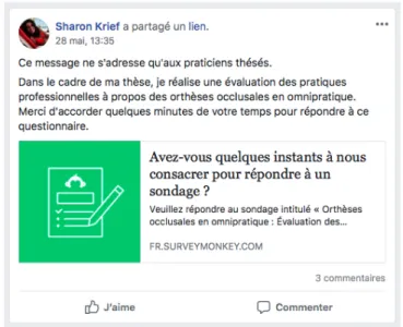 Figure 14. Diffusion du questionnaire : post sur Facebook. 