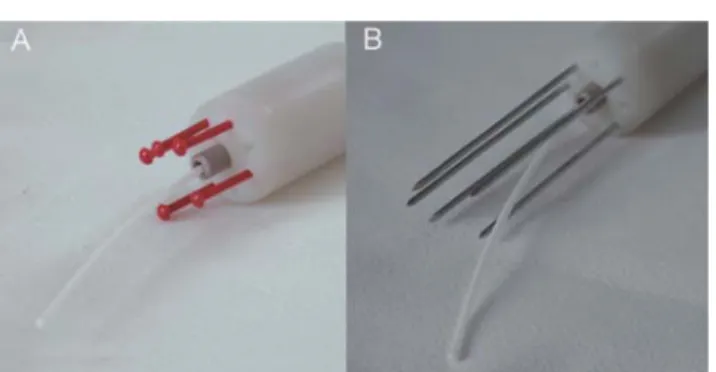 Figure 6. (A) The intracervical applicator introduced through the central channel of the cylindrical  holder used for vaginal interposition