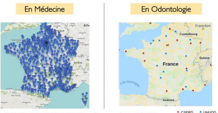 Figure 1. Comparatif entre l’offre de soins d’urgence hospitalière en médecine  (chiffres 2014) et en Odontologie (année 2017) en France 