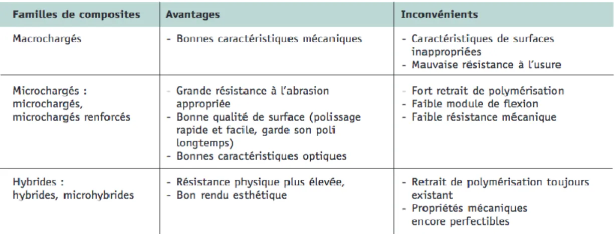 Tableau 5 : Avantages et inconvénients de résines composites selon leur taux de charges