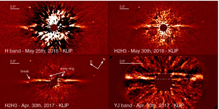 Fig. 2. Images of the disk obtained with IRDIS in the H band (top and bottom left), and with the IFS in the YJ band in a narrower field of view (bottom right)