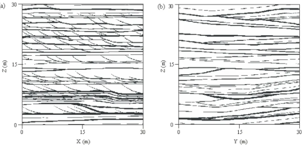 Figure 3 Vertical 2D training image of 30 m x 30 m in (a) N40°E direction and (b) N45°W di- di-rection (white = sand facies, black = silt facies) 