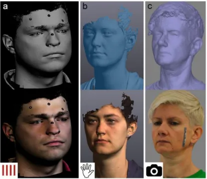 Figure 9 : a) Modèle 3D d'un visage avec scanner 3D b) Modèle 3D d'un visage avec scanner 3D  portable c) Modèle 3D d'un visage avec la photogrammétrie (source Ursula Buck et al) 
