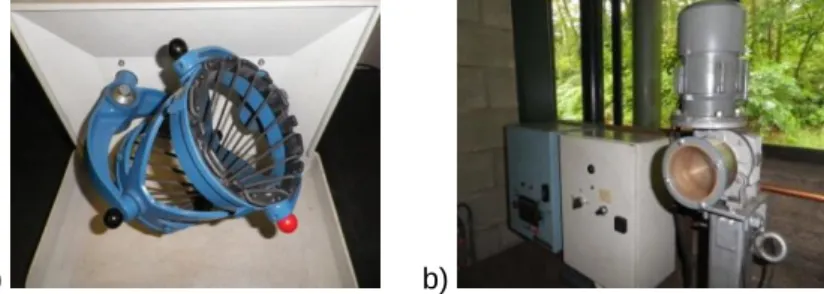 Figure 3: Experimental set-up for iron ore granulation: (a) TURBULA® Shaker-Mixer, (b) drum granulator
