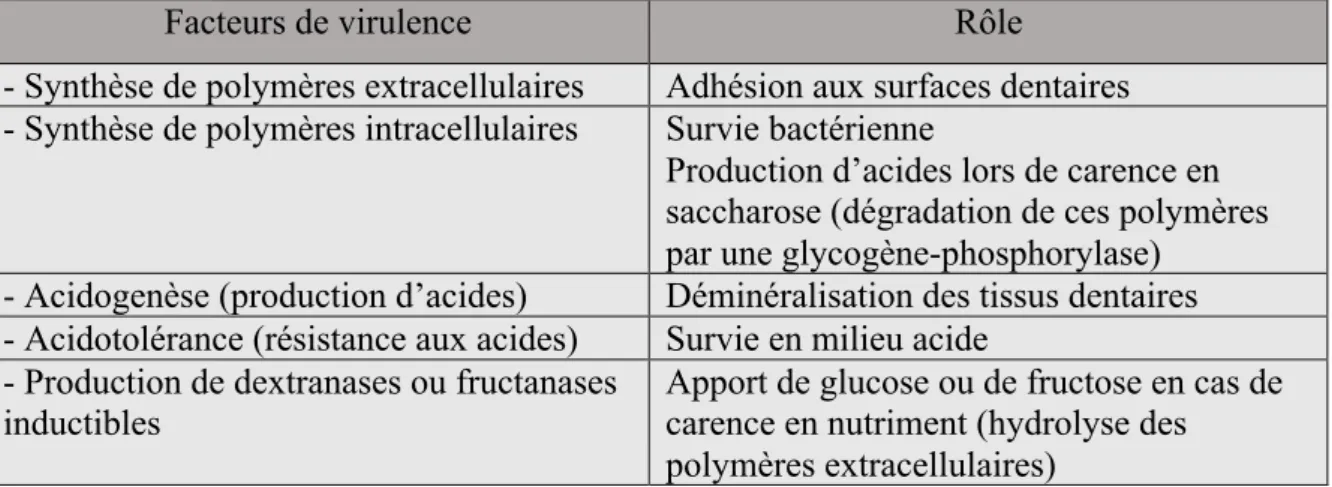 Tableau 2 : facteurs de virulence de S. mutans 