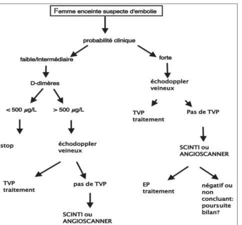 Figure 2. Algorithme diagnostique de  l’embolie pulmonaire chez la femme  enceinte (Adapté d’après la Société  Européenne  de  Cardiologie  (ESC  2014, référence 2).