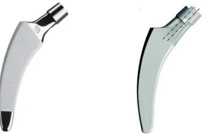 Figure 5 : tige Optimys, avec à droite les deux versions, standard et latéralisée  permettant jusqu’à 5mm du décalage du centre de rotation