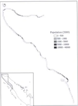 Figure 3. Population estimée en 2000 aux larges de côtes de Sumatra touchées par le tsunami (d’après le Gridded Population of the World, version 3 (CIESIN et al., 2005))