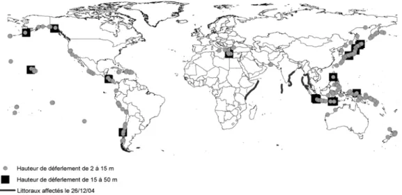 Figure 1 : Distribution géographique des hauteurs de déferlement des tsunamis de  1883 à 2003 et littoraux probablement touchés par des hauteurs de déferlement  supérieures à 2 mètres lors du tsunami du 26 décembre 2004 (d’après Brauner et 