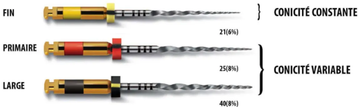 Figure n°5 : Le WaveOne™ se décline en trois tailles (de haut en en bas) : WaveOne ™  fin (21/.06) WaveOne ™   primaire (25/.08) et WaveOne™ (40/.08) (34). 